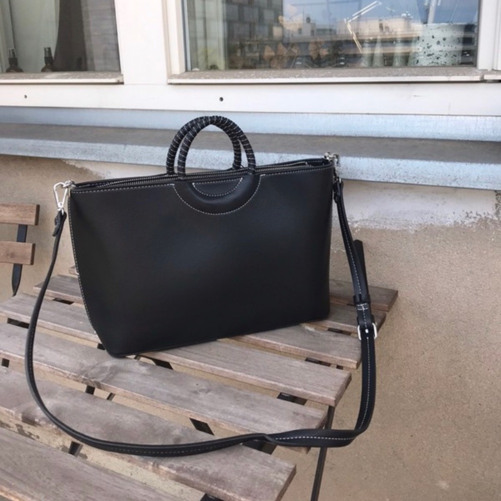 NWT Zara Round Handle Tote Contrast Stitch Crossbody Black